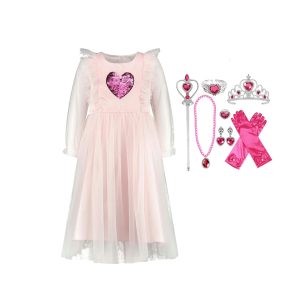 Roze elfjesjurk met glanzend hart en accessoires zoals een kroon, handschoenen, sieraden en toverstaf van Het Betere Merk