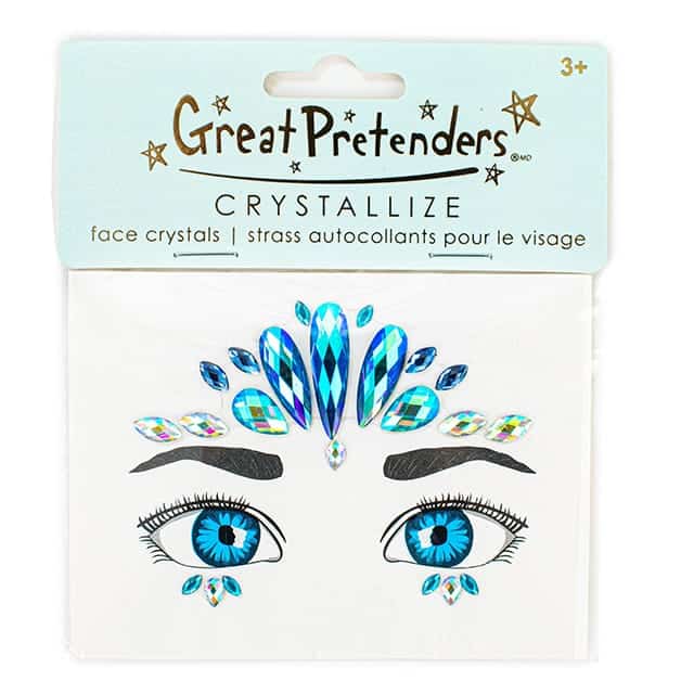 Verpakking met Great Pretenders gezichtstickers met blauwe en turquoise kristallen, oogstickers, wenkbrauwen en sierstenen.