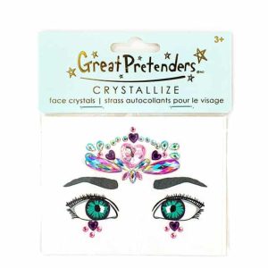 Gezichtstickers van Great Pretenders met kleurrijke kristallen voor een prinsessenlook, afgebeeld in de verpakking.