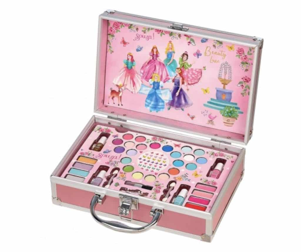 Roze Souza beauty case als make-up koffer, opengeklapt met oogschaduw, lipgloss en applicators zichtbaar