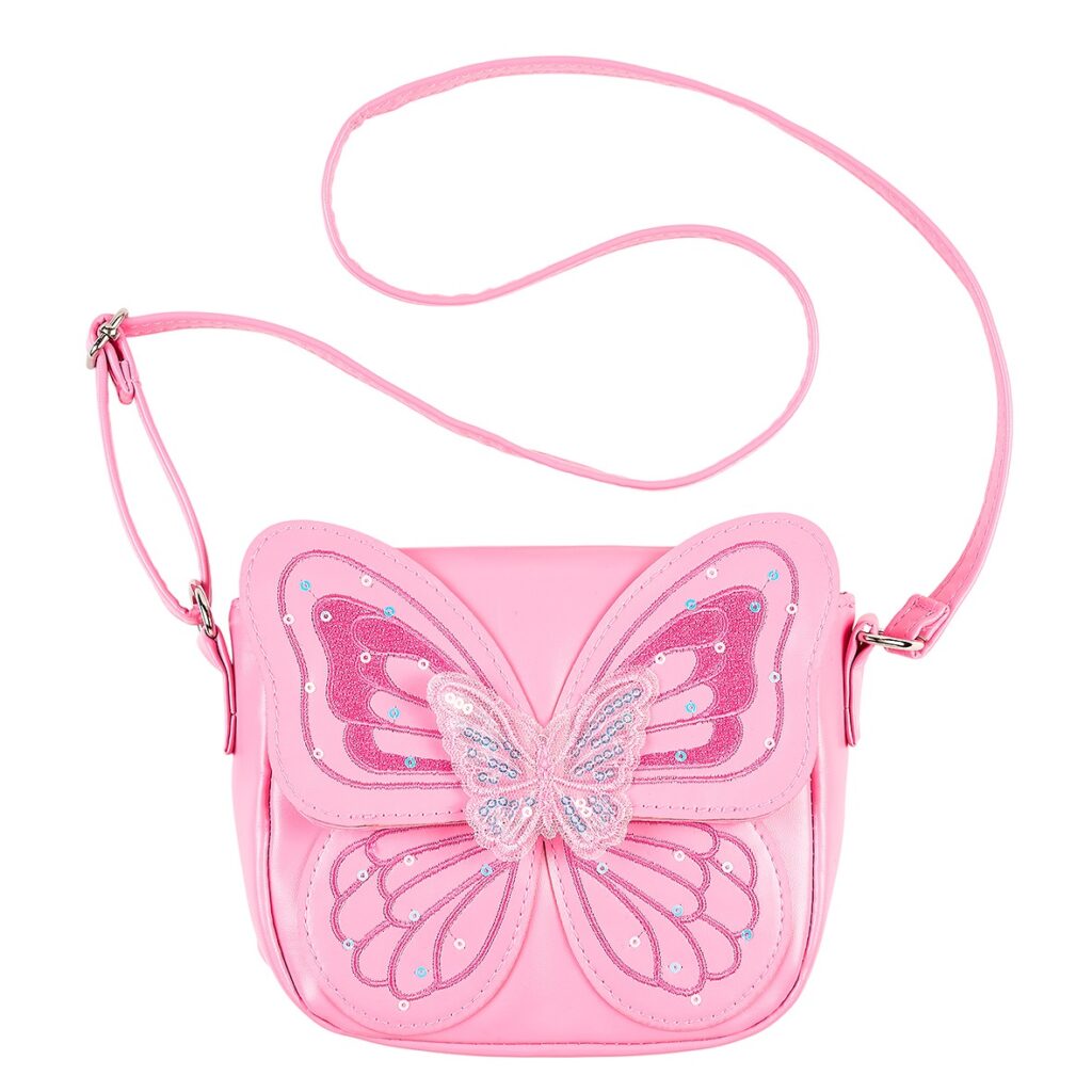 Souza roze vlinder schoudertas voor kinderen met glitterdetails, pailletten, 3D-vlinder en verstelbaar roze schouderbandje.