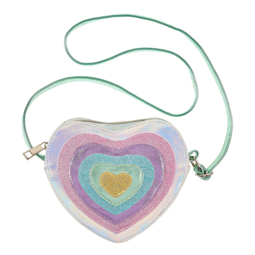 Souza schoudertas voor kinderen in hartvorm met pastel regenbooghartjes, glitters, gouden hartje en mintgroen schouderbandje.