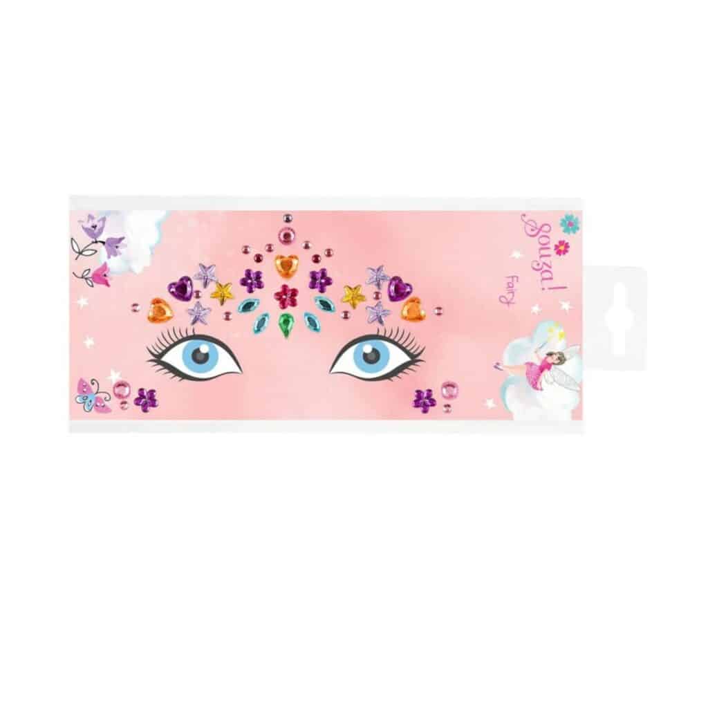 Souza gezichtsstickers Fairy Multicolor met kleurrijke strass steentjes, hartjes, bloemen en sterren voor kinderen.